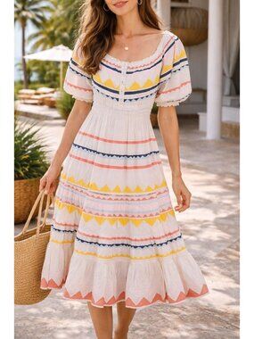 Carolina K Saria Smocked Rainbow Midi Dress Sz M Cotton Sundress Embroidery